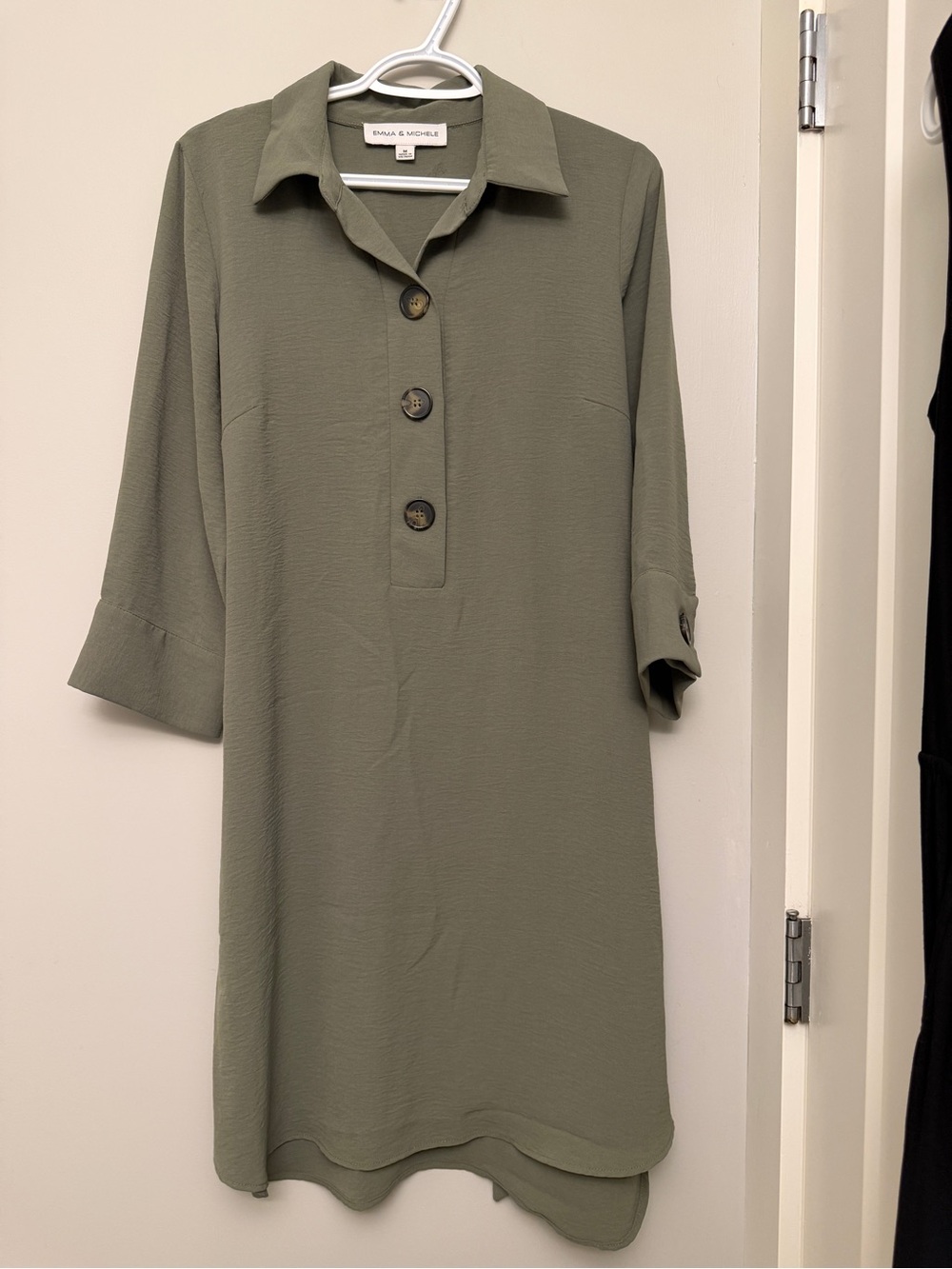 Emma & Michele Olive Green Button-Front Midi Shirt Dress